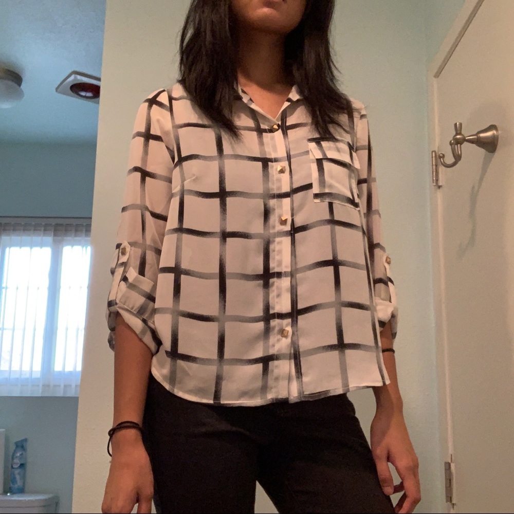 black and white sheer grid button-up